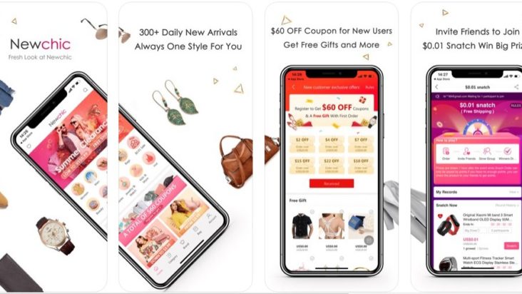 Newchic mobile app in-app screens.