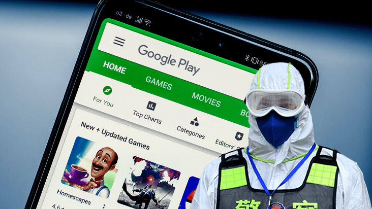 Chinese authority in a protective coverall in front of a smartphone with Google Play Store loaded.