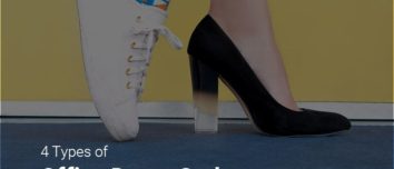 A pair of different shoes - white sneakers and black high heels - showing the diversity in office dress codes.